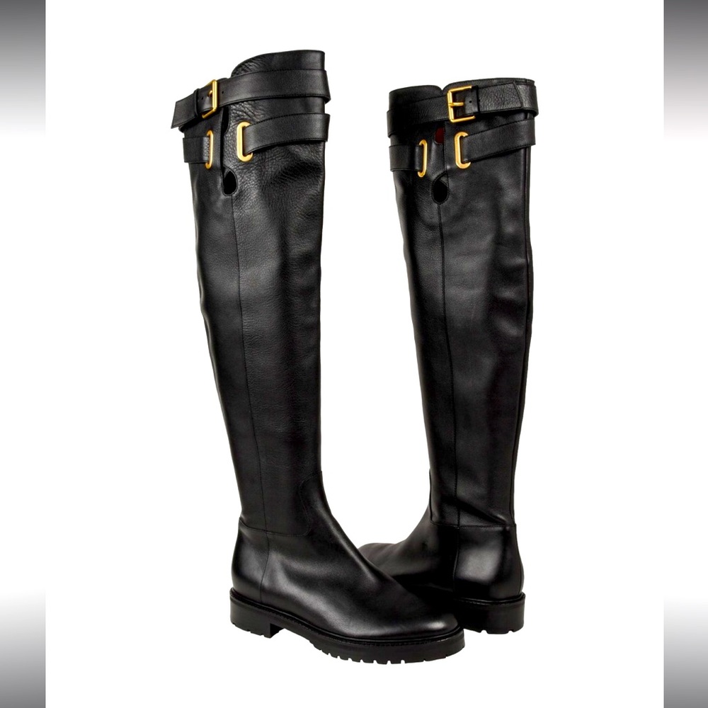Valentino Boots Over Knee Black Flat Crisscross Straps With Buckle Size 6.5